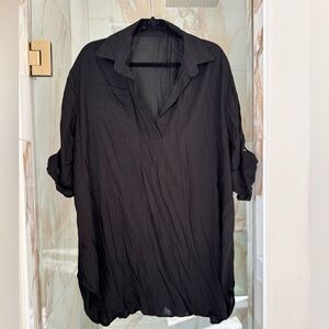 Black sheer V-neck collared flowy shirt / bathing suit cover up.
